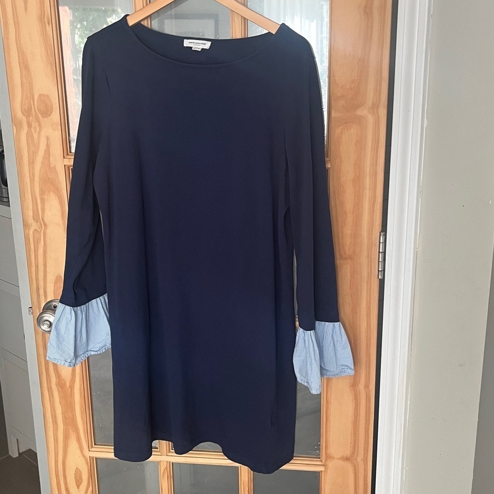 Beachlunchlounge Navy Blue Cotton shift dress w/ striped ruffle sleeve sz Large - Picture 2 of 9
